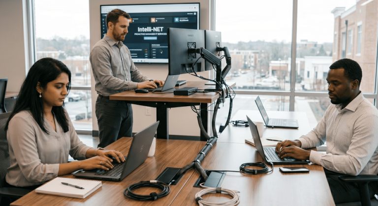 Proactive managed IT services in Greenville SC by Intelli-NET, showcasing professional computer products setup and organized data cable management.