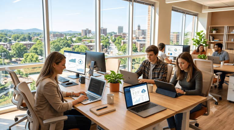 A modern team working in a pleasant bright office in Greenville SC with sleek laptops and cloud network security data displayed on screens.